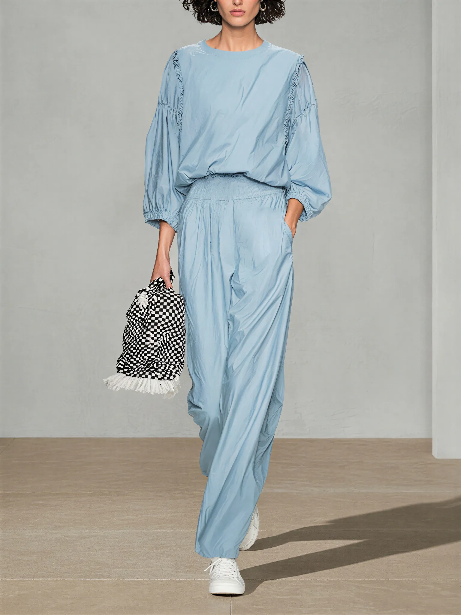 Women's Pale Blue Breathable Poly Cotton Co-Ord With Elastic Cuff Puff Sleeve Top & Side Pocket Loose Straight Trousers, Modern Effortless-Chic Daily Casual Two-Piece Set MDZ0217G3LYL