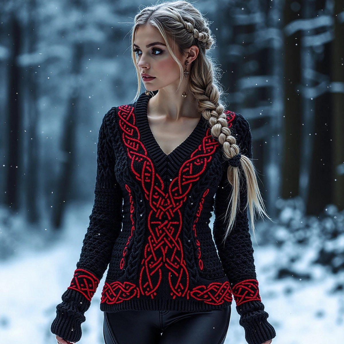 Women's Viking Celtic Knot Pattern V-neck Cozy Knit Sweater