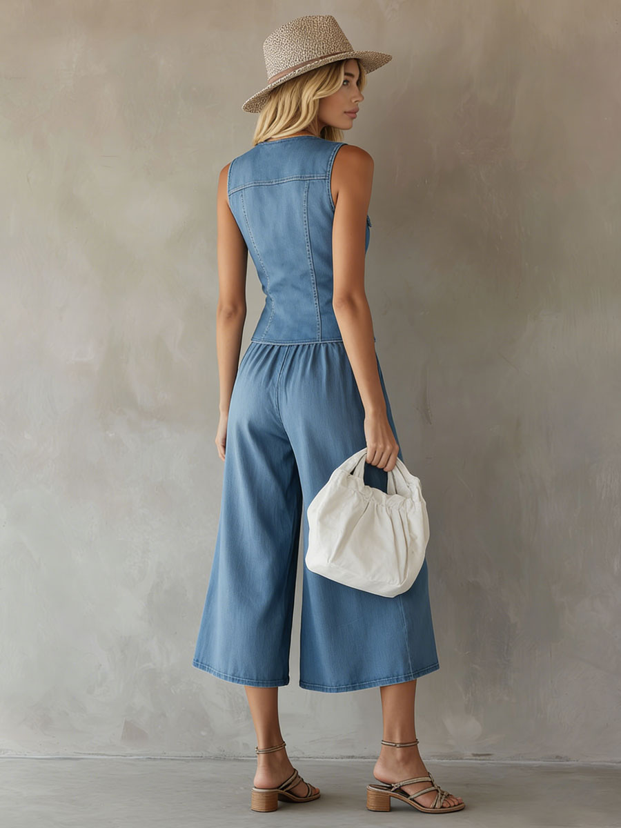Casual Vacation Retro Blue Denim Vest And Wide-leg Cropped Pants Set