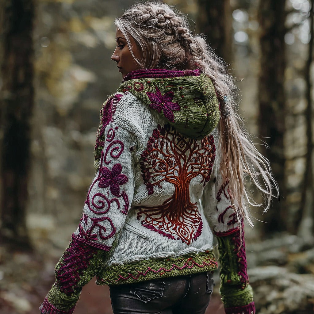 Women's Vintage Viking Celtic Knot Tree Of Life Art Knitted Hooded Sweater
