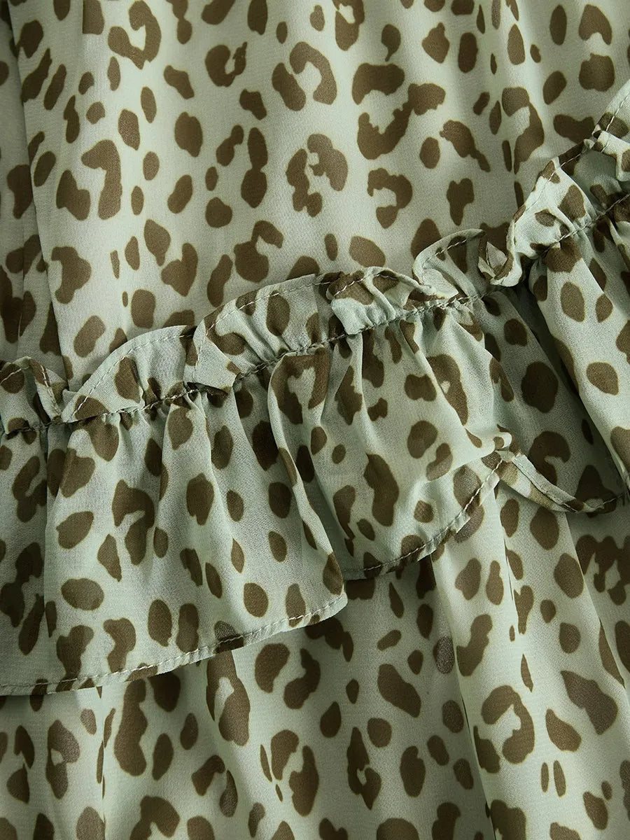 Vintage And Elegant V-neck Ruffled Leopard Print Chiffon Midi Dress