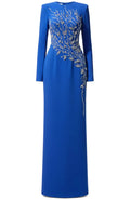 Long Sleeve Crystal Floral Maxi Dress Blue