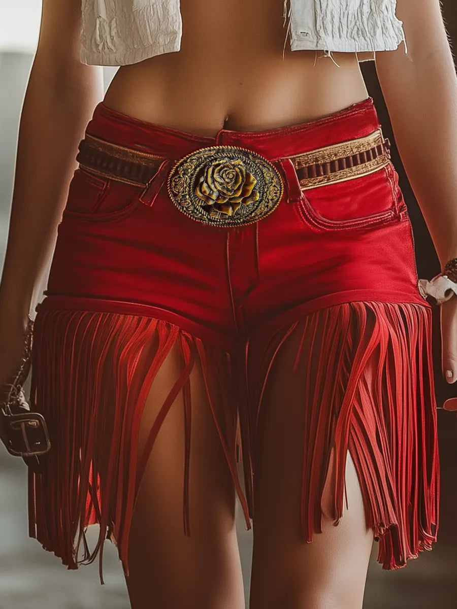 【24-hour shipping out】Western Vintage Red Tassel Shorts