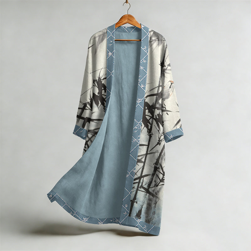 Men's Retro Ink Bamboo Art Print Linen Long Kimono