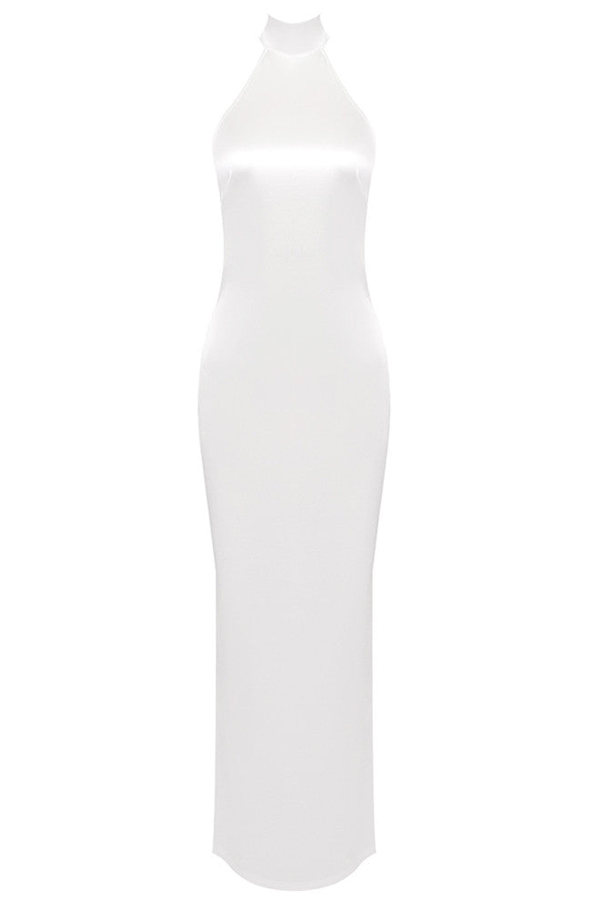 Halter Pearl Backless Maxi Dress White