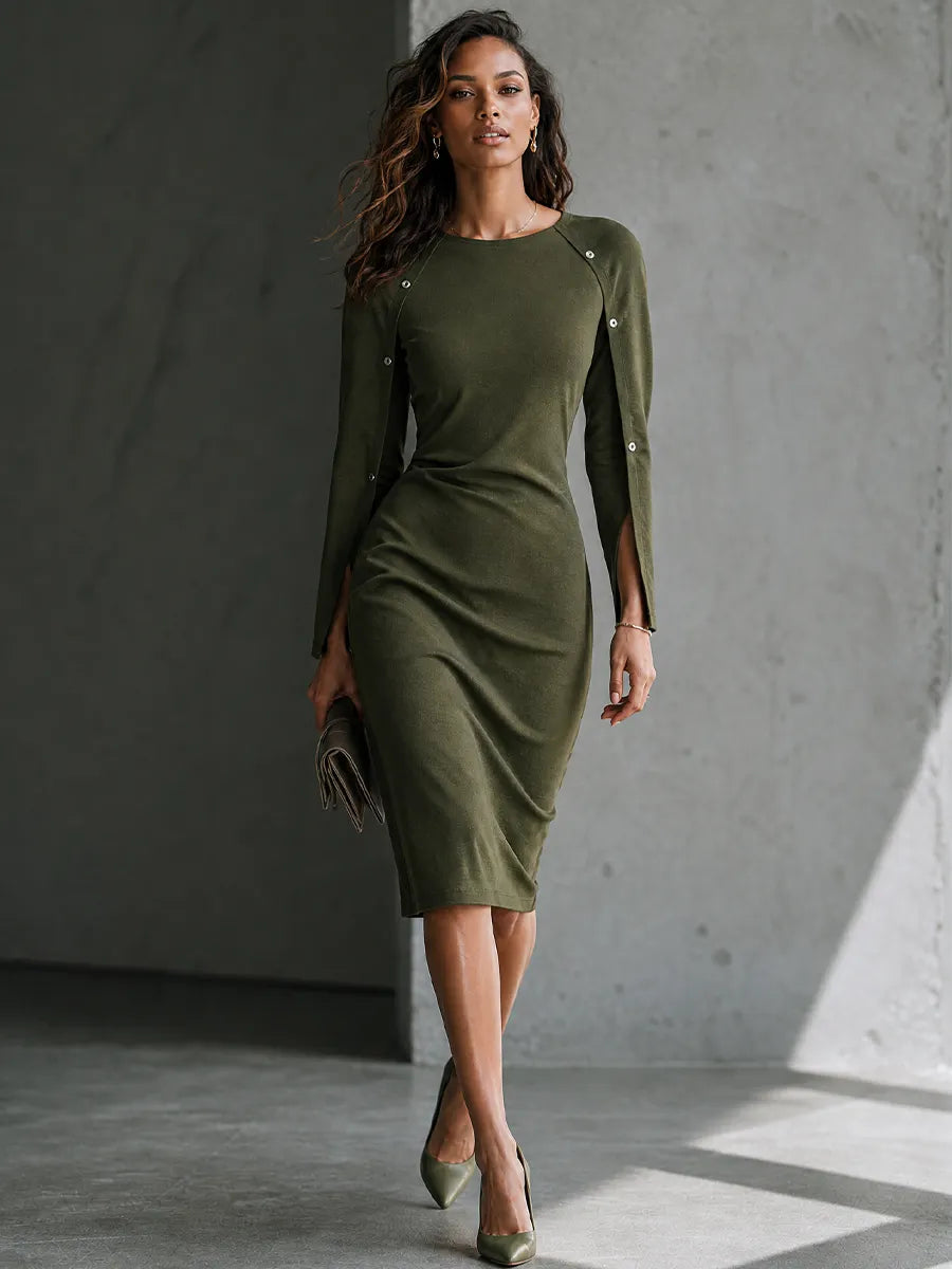Women's Elegant Slim Olive Green Knit Cotton Blend Button-Trim Split Sleeve Midi Dress MDZ1630G9GMJ
