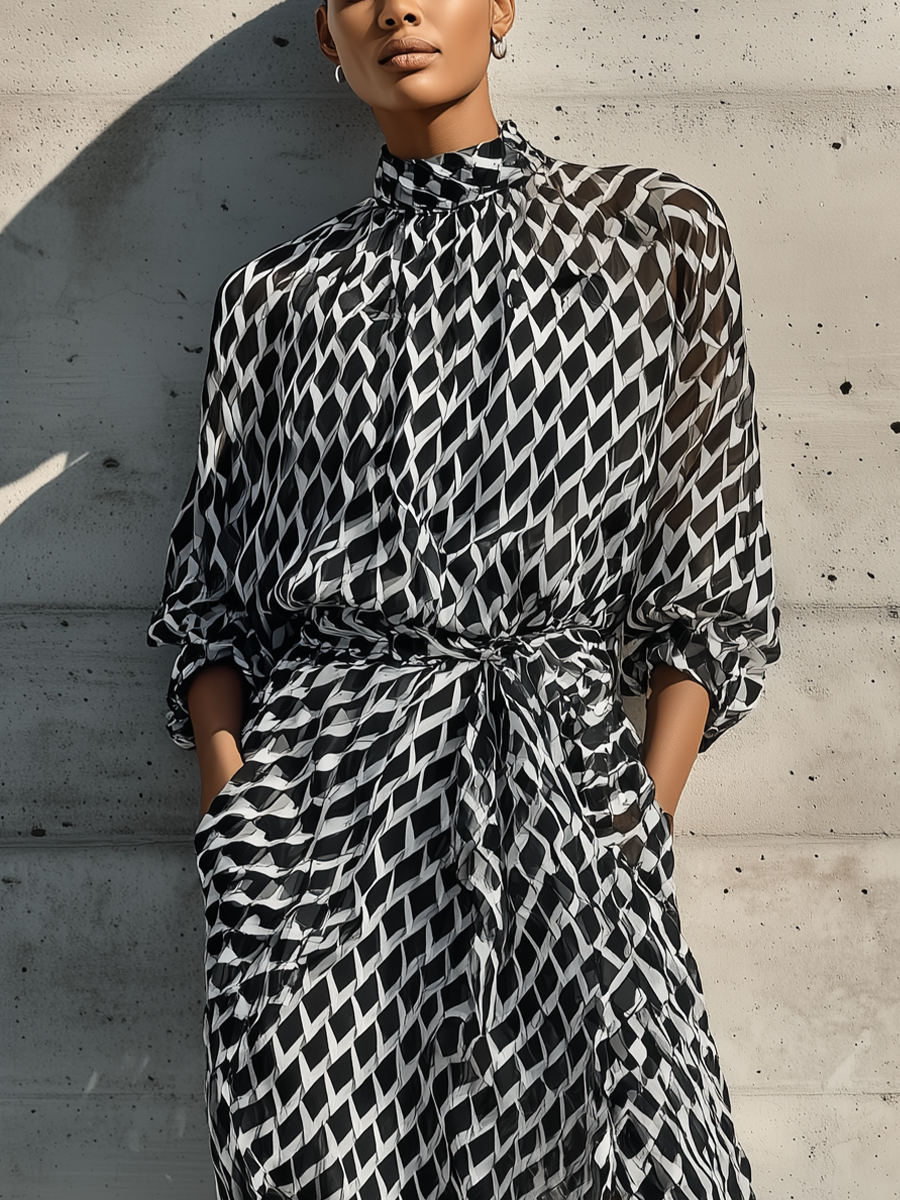 Women's Black White Diamond Print Mock Neck Three Quarter Sleeve Self Tie Waist Side Pocket Front Slit Chiffon Maxi Dress MDZ2128G2YZJ