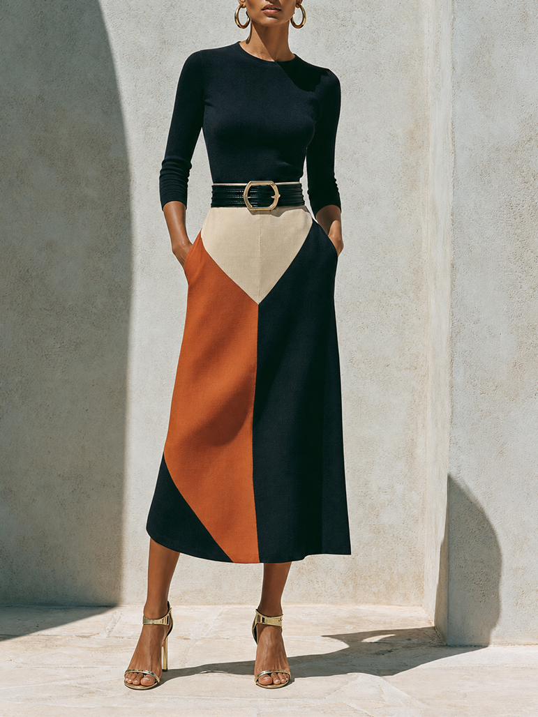 Women's Elegant Black Knit Color-Block Belted Long Sleeve A-Line Midi Dress MDZ1771G3ZSQ