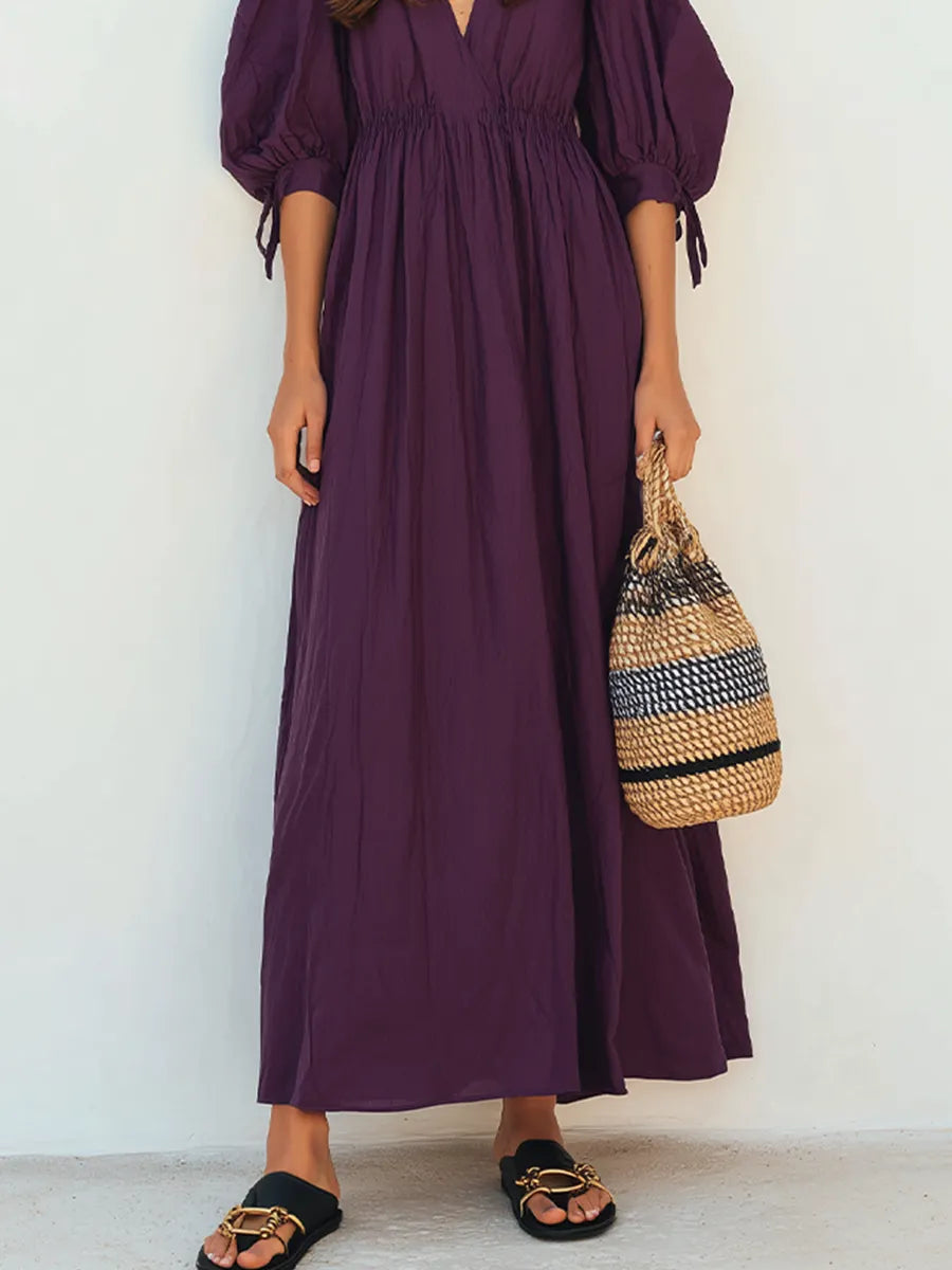 Women's Dark Purple Crinkled Woven Maxi Dress With V Neck Tie Cuff Puff Sleeves & Smocked Elastic Waist, Boho Casual Resort Flowy Maxi Dress MDZ0956G8LYL