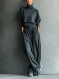 Women's Charcoal Knit Fabric Turtleneck Oversized Top & Wide-Leg Pants Set MDA2435L7T