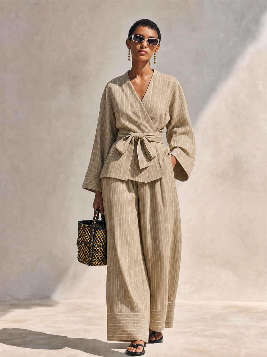 Women's Minimalist Flax Beige Linen Blend Striped Kimono Wrap Tie Waist Long Sleeve Top And Wide-Leg Pants Two-Piece Set MDZ1504G2ZSQ