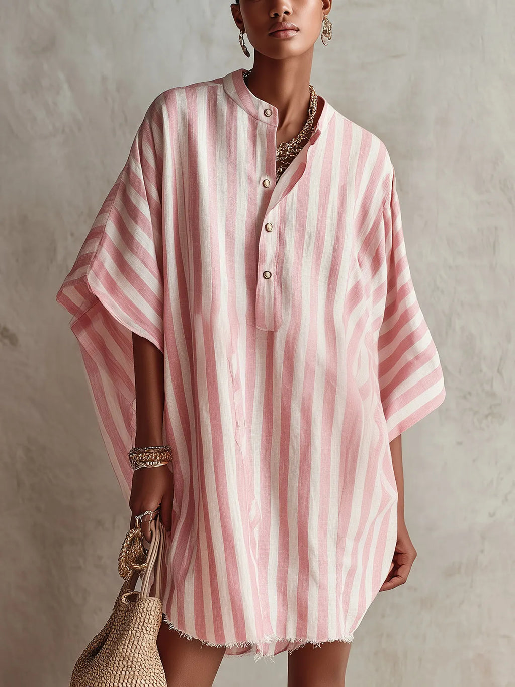 Pink And White Striped Oversized Shirt Dress With Button Neckline