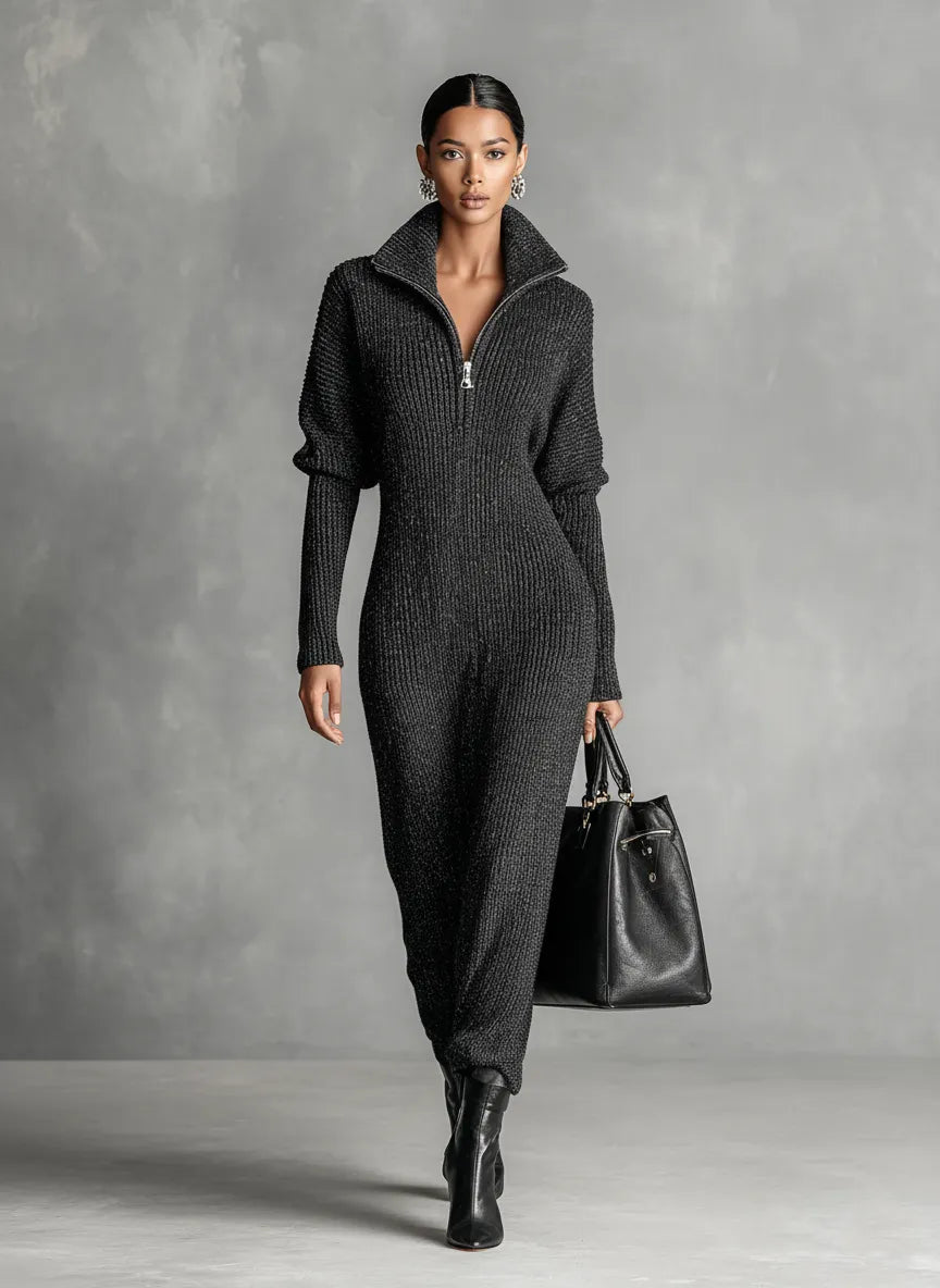 Women's Minimalist Solid Color Zipper Neck Knitted Maxi Dress MDA1633J4Y