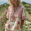 Women's Bohemian Contrast Patchwork Floral V-neck T-shirt