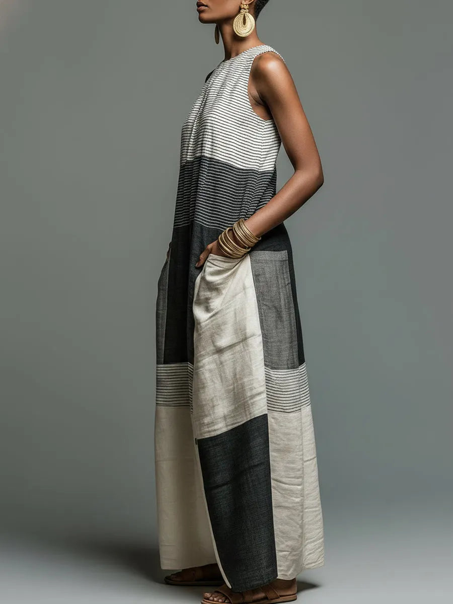 Color-block Striped Sleeveless Maxi Dress with Pockets