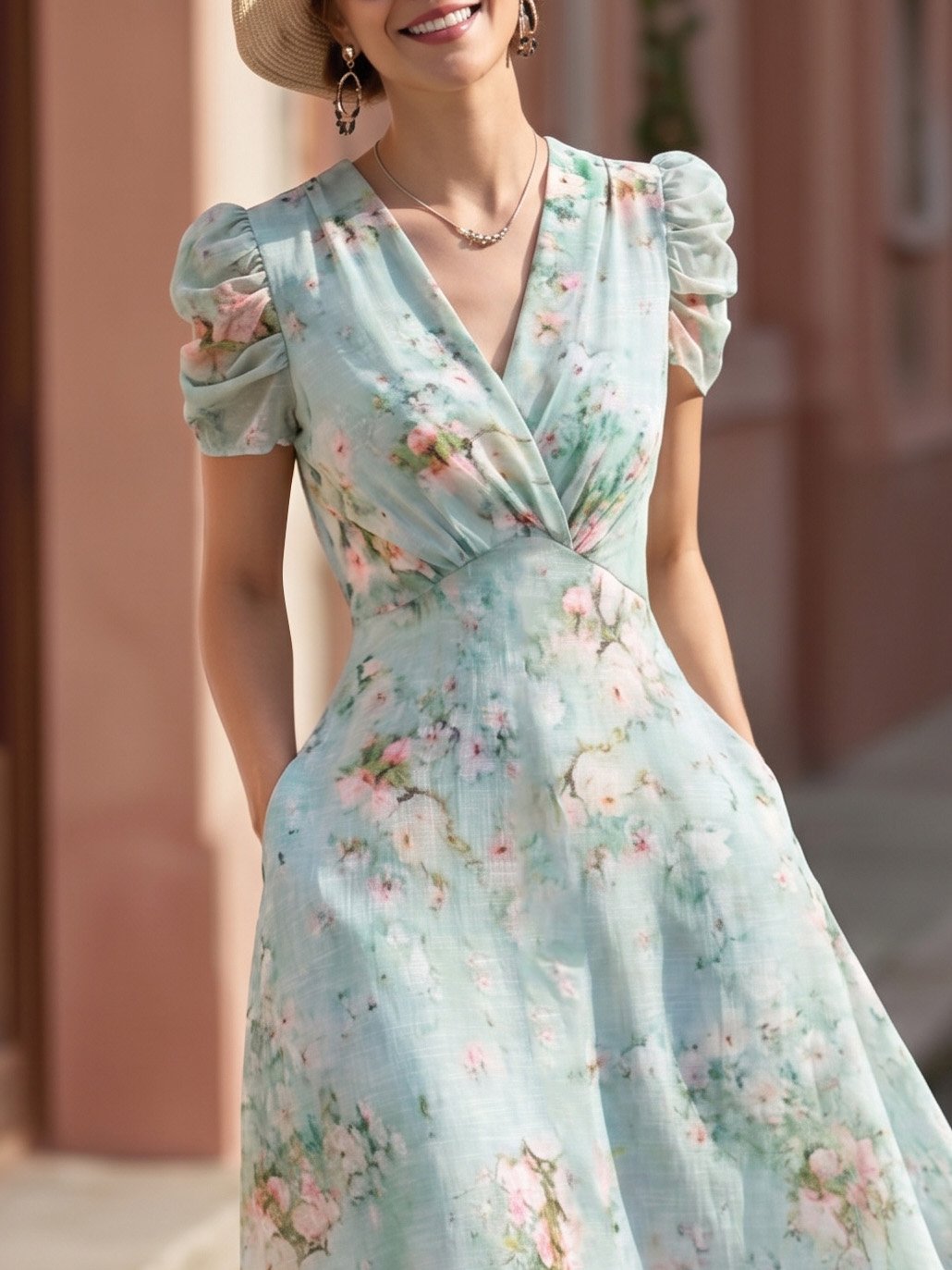 Maxi Linen Dress, Short Sleeves, V Neck, Floral, Wrap, Vacation, Vintage, Blue