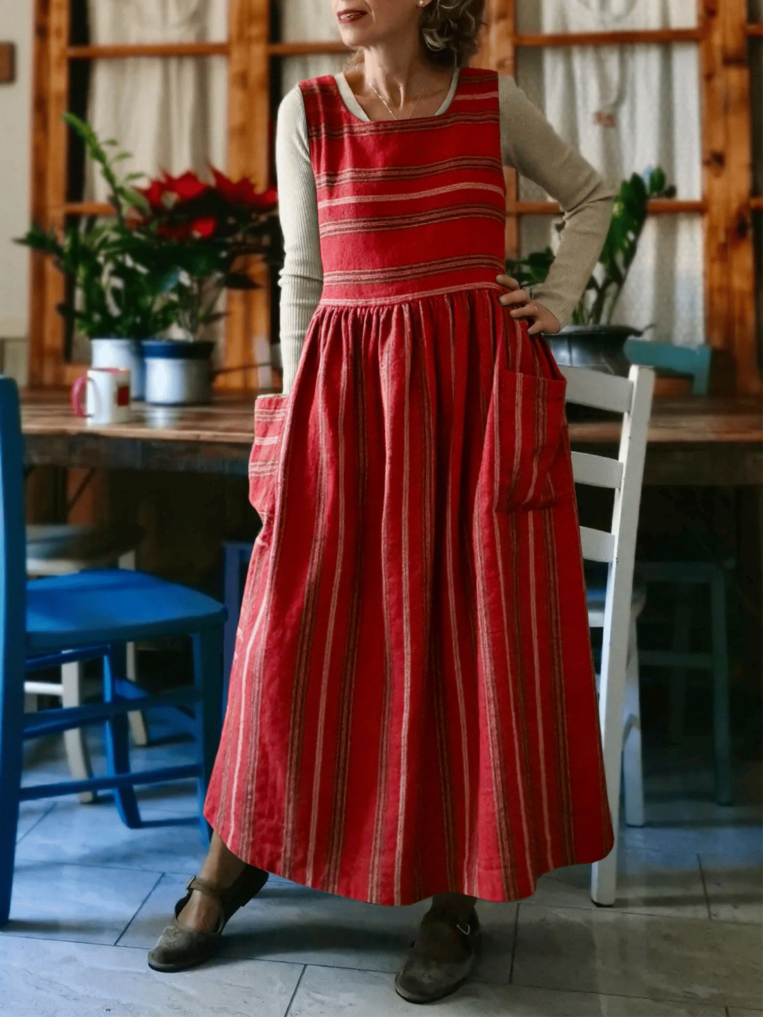 Vibrant Red Striped  Apron