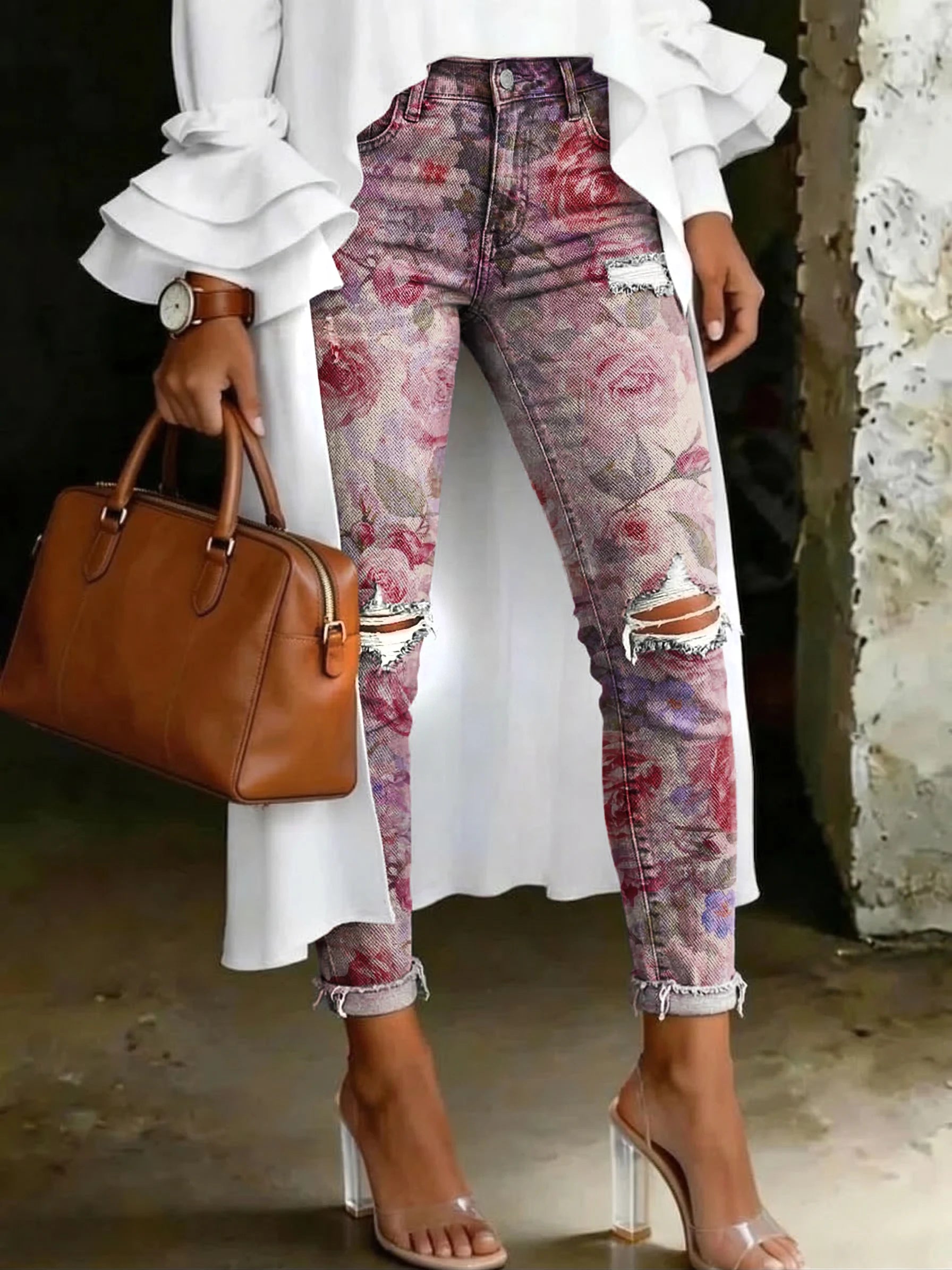 Women's Fashion Vintage Rose Artistic Print Casual Skinny Ripped Jeans