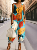 Women's Color-blocked Leaf Art Print Casual Jumpsuit
