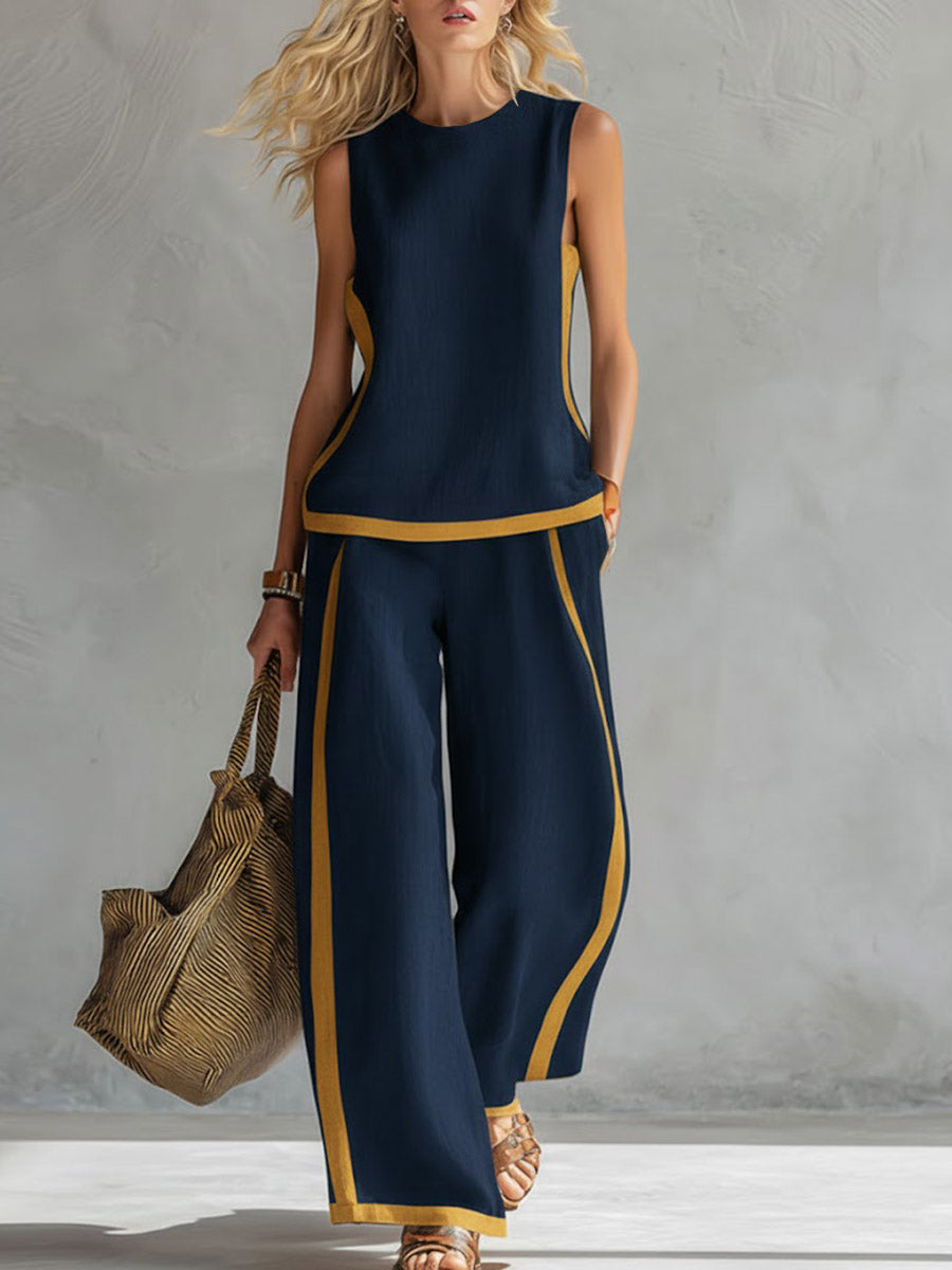 Round Neck Sleeveless Casual Loose Top And High-waisted Wide-leg Pants Set