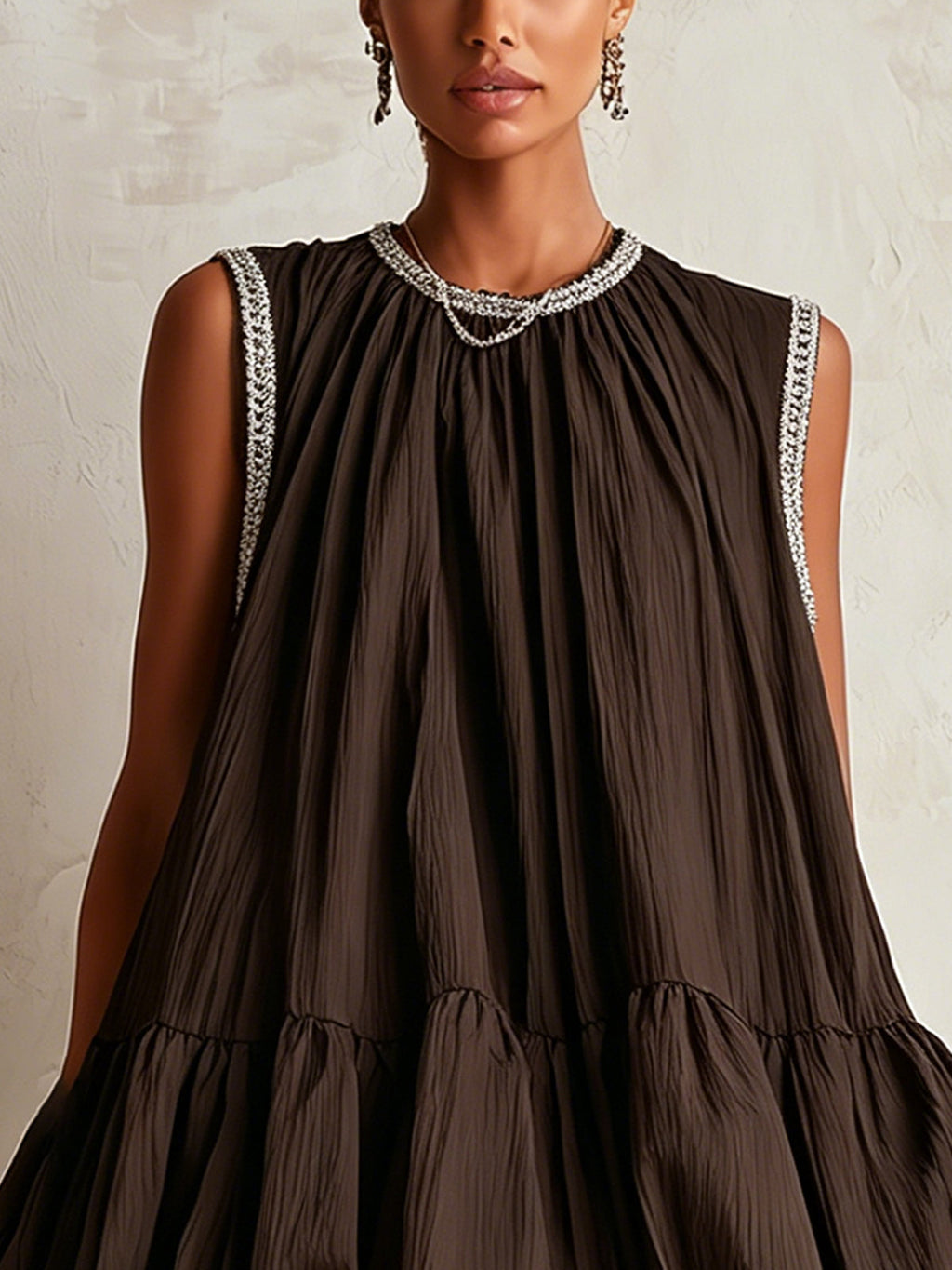 Brown Sleeveless Bubble Hem Mini Dress