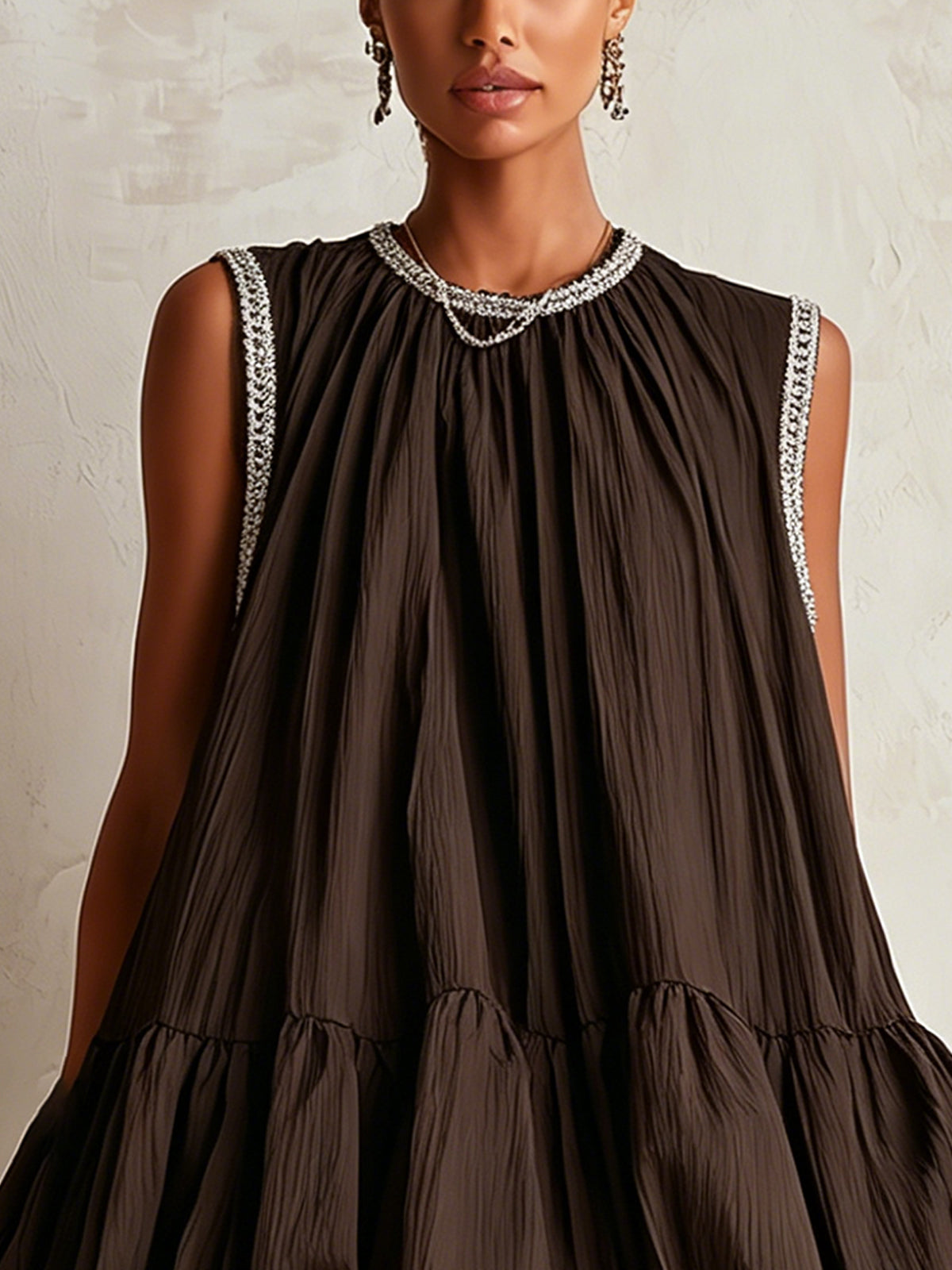 Brown Sleeveless Bubble Hem Mini Dress