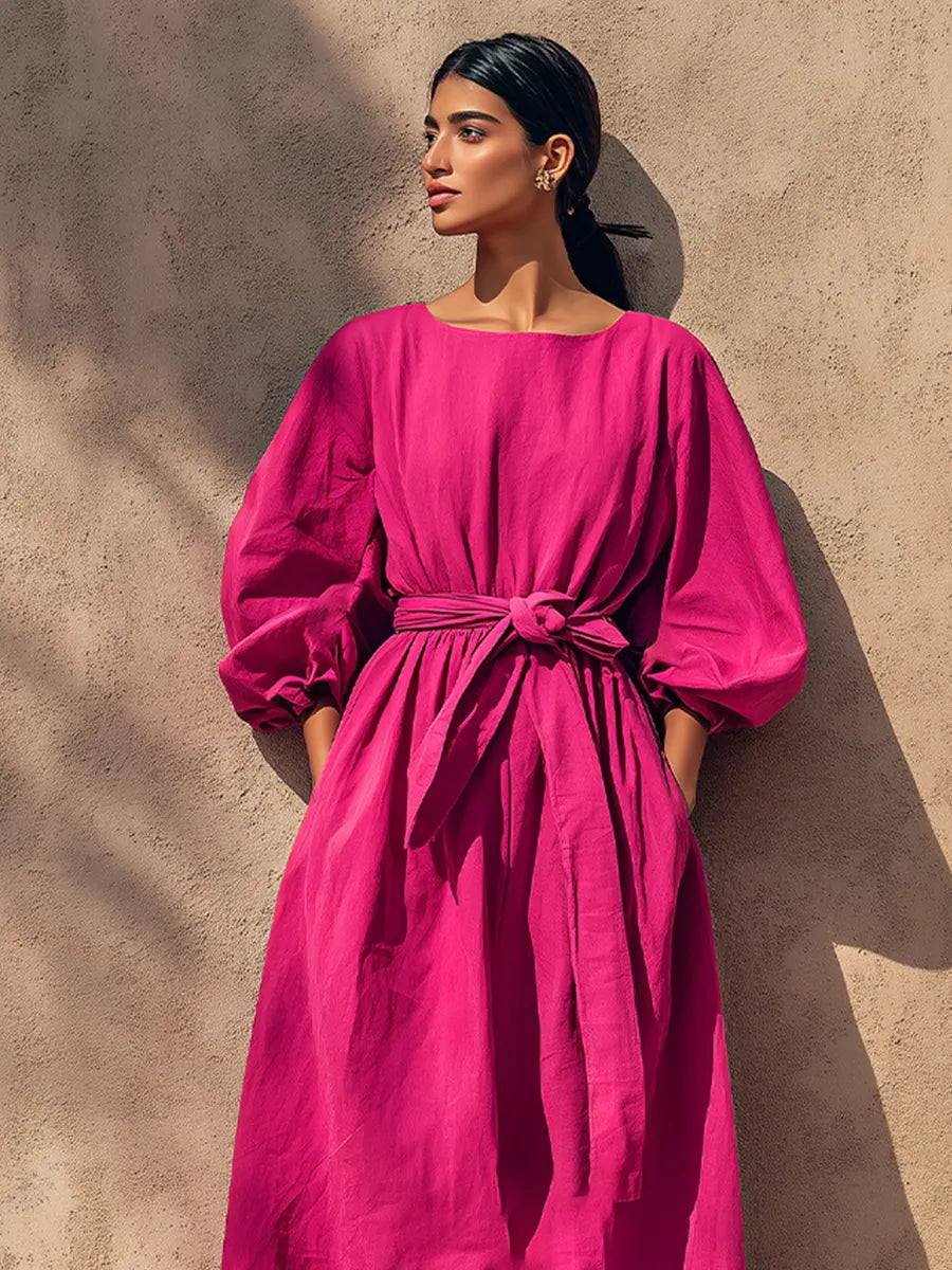 Women's Fuchsia Textured Cotton-Blend Maxi Gown With Cuffed Lantern Sleeves & Side Hand Pockets, Minimalist Effortless-Chic Summer Maxi Dress MDZ0641G7LYL