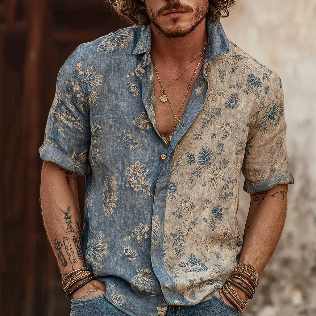 Men's Retro Bohemian Floral Print Casual Linen Shirt