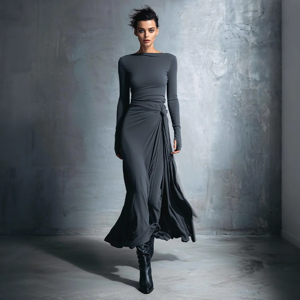 Women's Vintage Elegant Gray Draped Maxi Dress With Long Sleeves