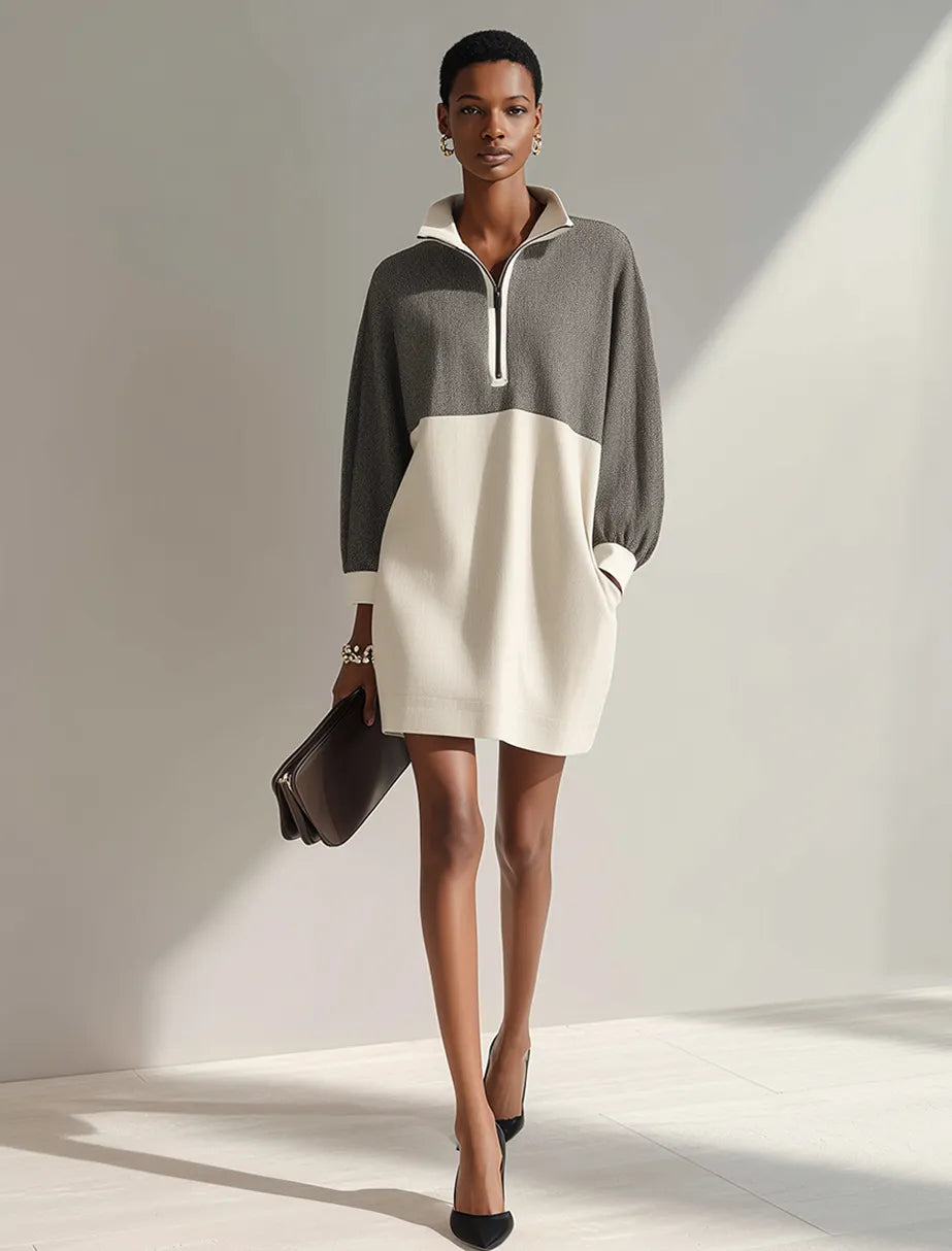 Women's Minimalist Color-Block Knit Mini Dress With Half-Zip Stand Collar MDZ1097G5ZRK