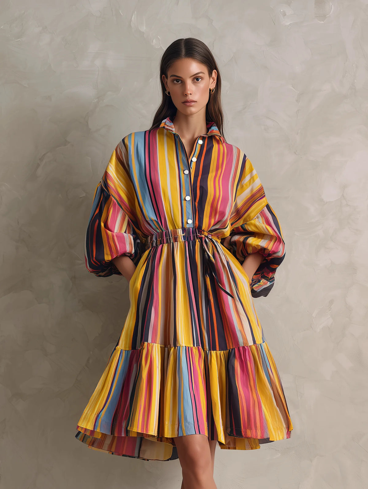 Women's Casual Woven Midi Dress With Colorful Print And 3/4 Sleeves MDZ0973G1LXY