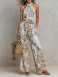 Bohemian Halter Floral & Stripe Wide-Leg Jumpsuit With Ruched Waist