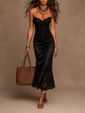 Vintage Lace Cami Spliced Satin Lace Hem Midi Dress