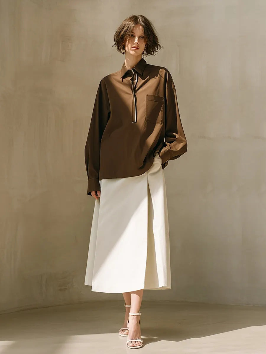 Women's Coffee & Ivory Cotton Two-Piece Set With Oversized Chest Pocket Shirt & High Waist A-Line Midi Skirt, Minimalist Neutral Smart Casual Matching Outfit MDZ0607G5LYL