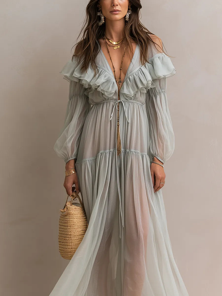 Romantic Sage Green Off-Shoulder Chiffon Maxi Dress