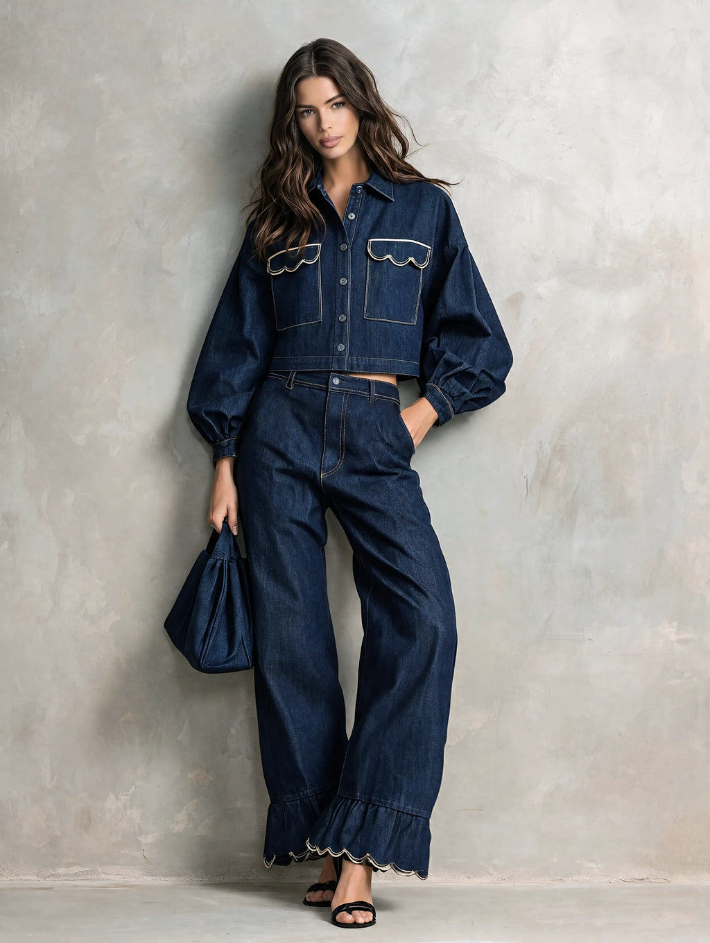 Women's Casual Dark Blue Long-sleeved Jacket Featuring Intricate Embroidery And A Faux-denim Look, Paired With Trousers MDZ0621G2LXY