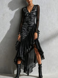 Black Zebra Print Mesh Sleeve Ruffle Hem Midi Dress