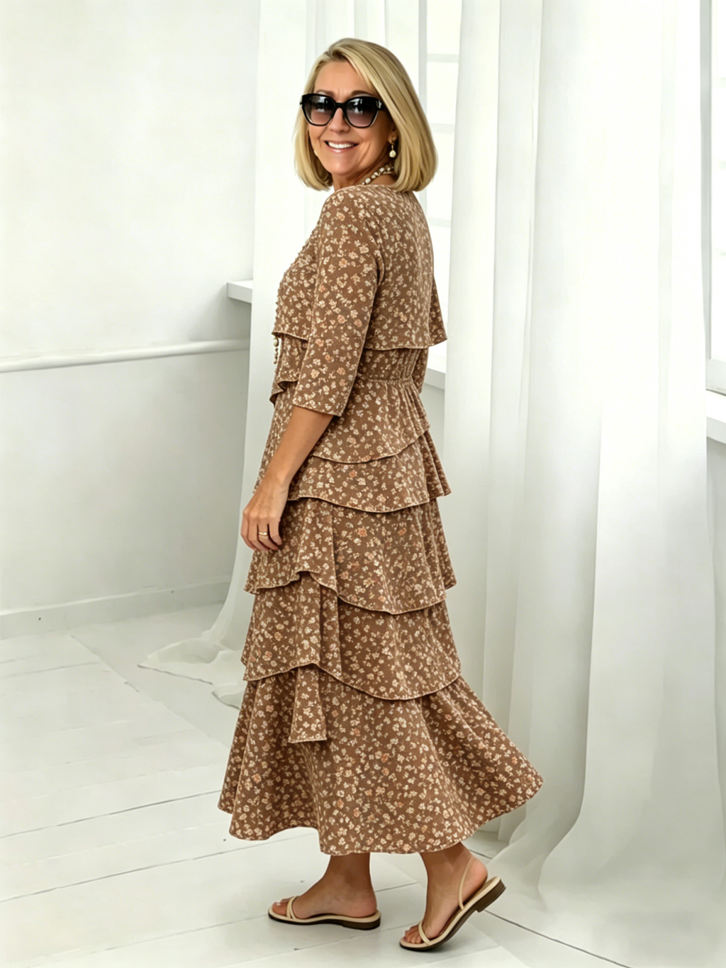 Maxi Dress Vacation Bohemia Multi-plant Floral Print Cascade Boho Dress