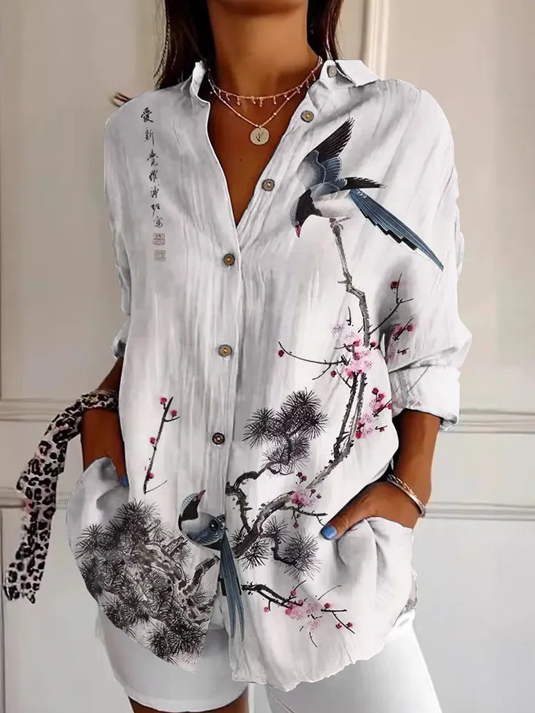 Japanese Bird Pattern Women's Shirt