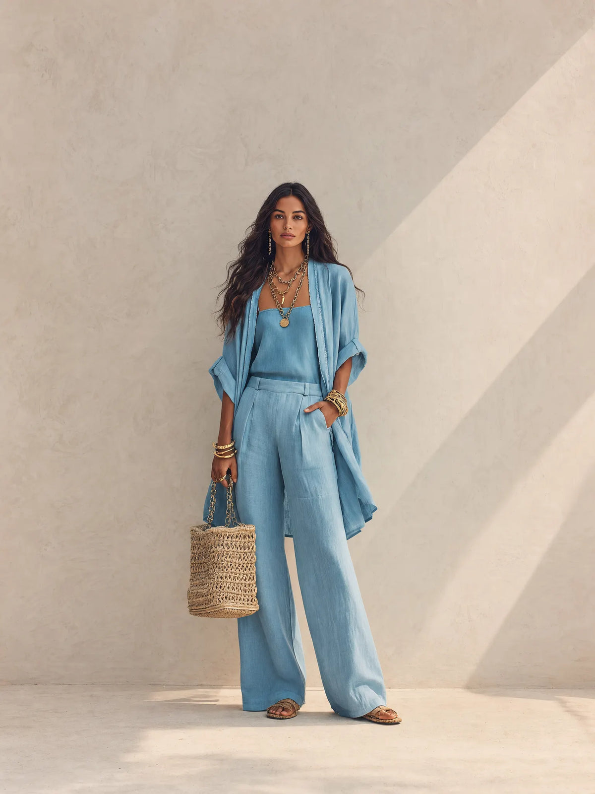 Women's 3-Piece Set Open Front Kimono Cardigan Cami Top Wide Leg Pants Casual Linen Look Outfit