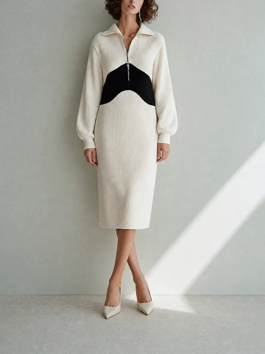 Women's Elegant White Ribbed-Knit Half-Zip Collared Long-Sleeve Colorblock Midi Dress MDZ2280G1CMX
