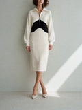 Women's Elegant White Ribbed-Knit Half-Zip Collared Long-Sleeve Colorblock Midi Dress MDZ2280G1CMX