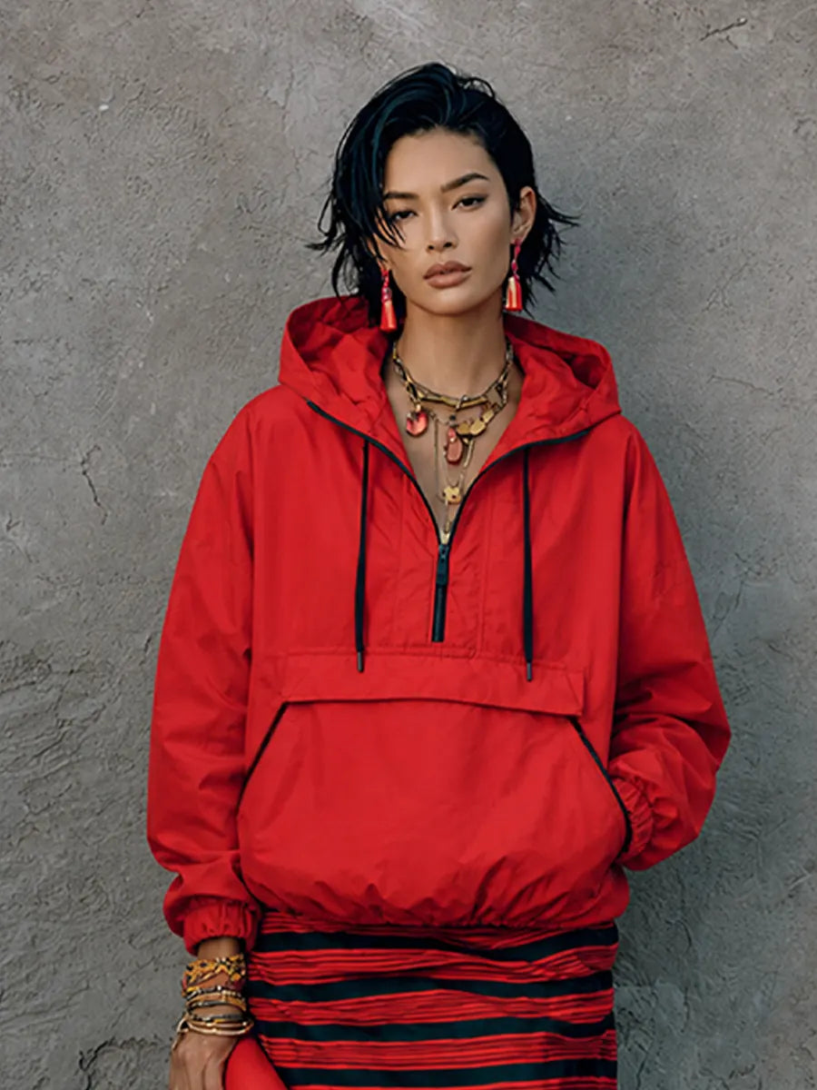 Women's Street Casual Bright Red Polyester Half Zip Hooded Kangaroo Pocket Cropped Windbreaker Sweatshirt MDZ1429G6GMJ