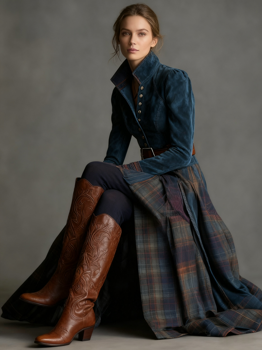 Retro Ethnic Style Blue Faux Suede Plaid Maxi Dress