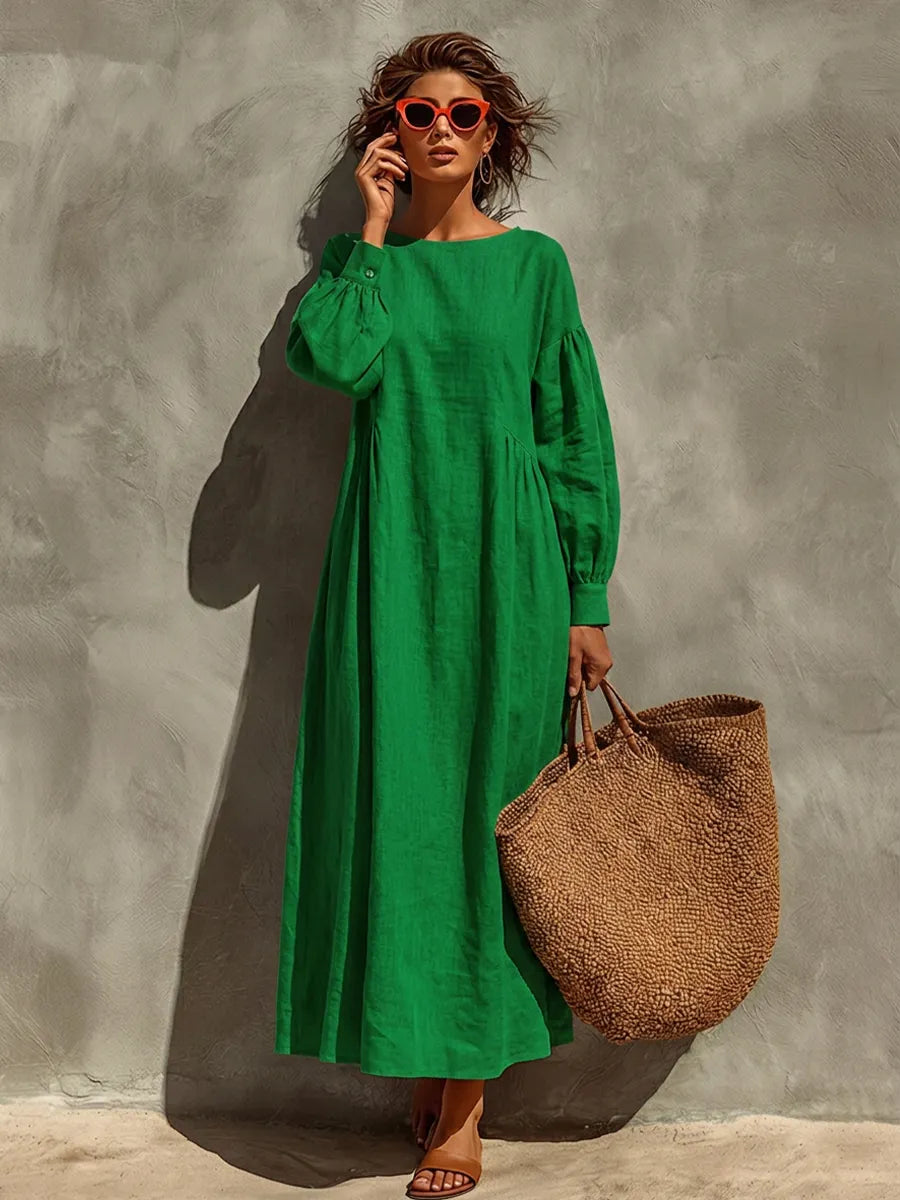 Women's Green Linen Maxi Dress With Crew Neck Puff Long Sleeves & Side Gathered Panel, Minimalist Boho Vacation Loose Maxi Dress MDZ0648G4LYL