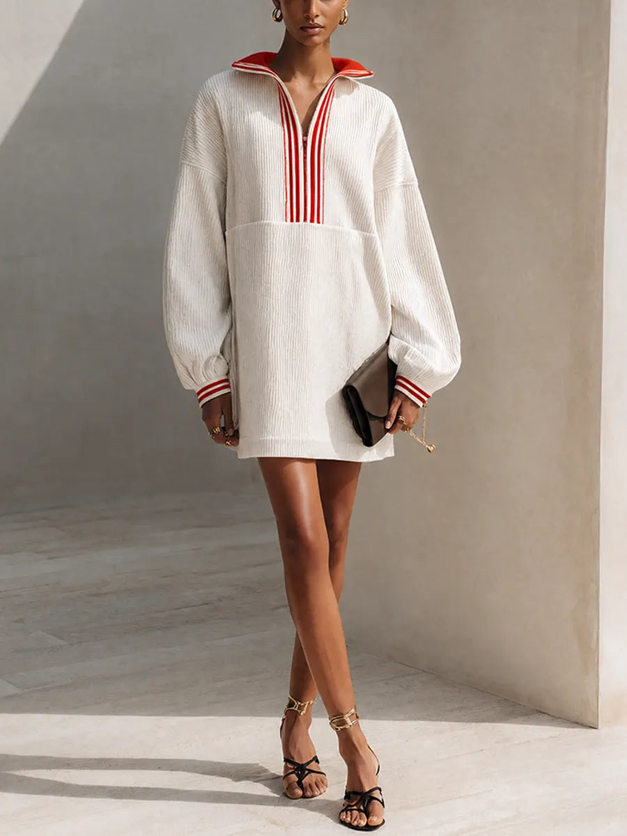 Women's White Ribbed Knit Red Contrast Collar Half-Zip Mini Dress MDZ2093G9ZRK