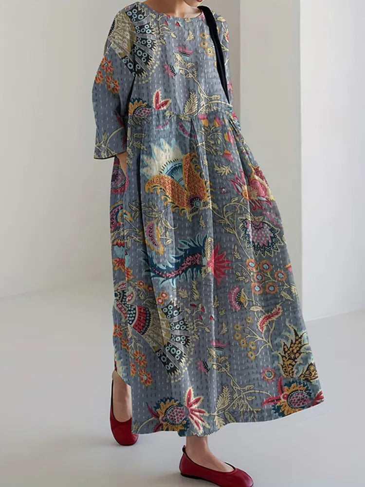 Vintage Japanese Art Flower Print Midi Dress