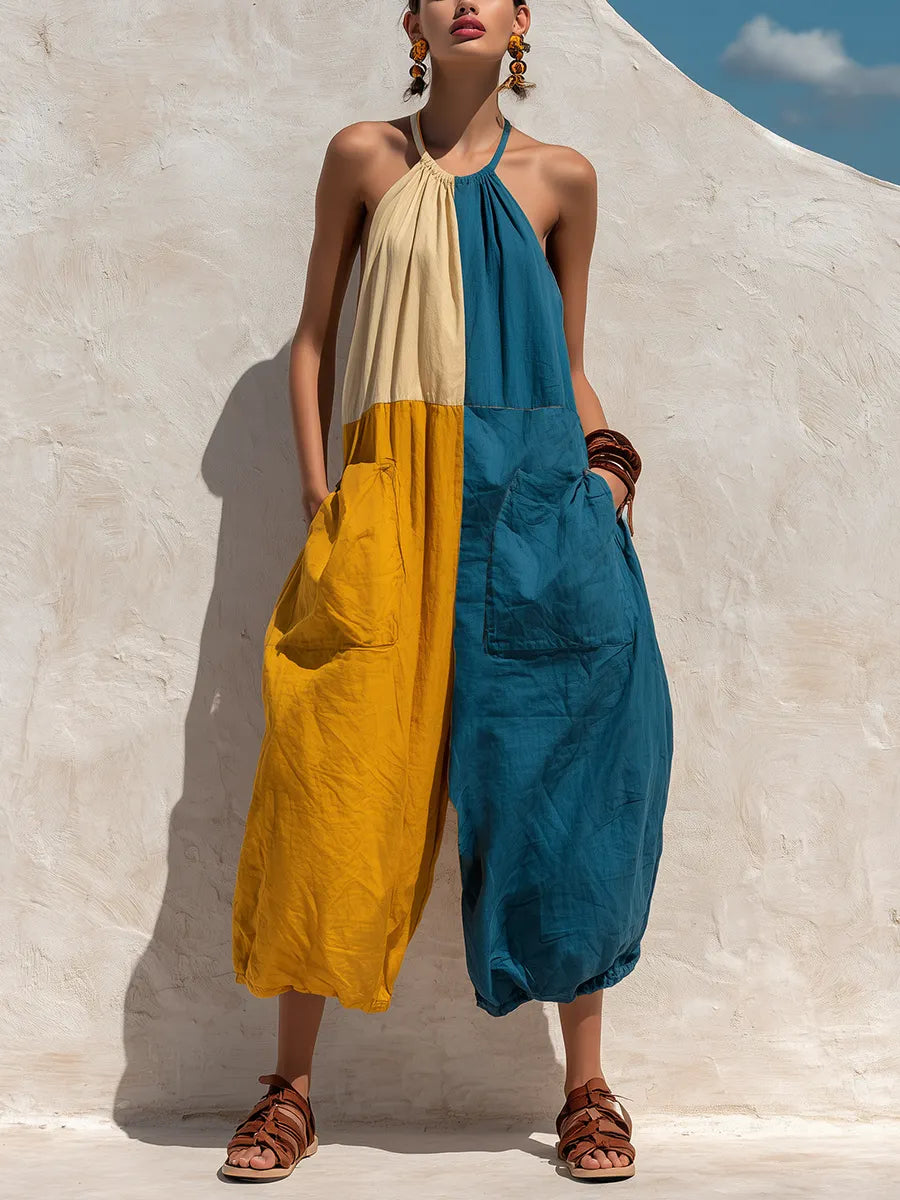 Women’s Boho Tri-Color Block Halter Sling Oversized Linen Baggy Jumpsuit With Big Cargo Pockets MDZ2362F8T