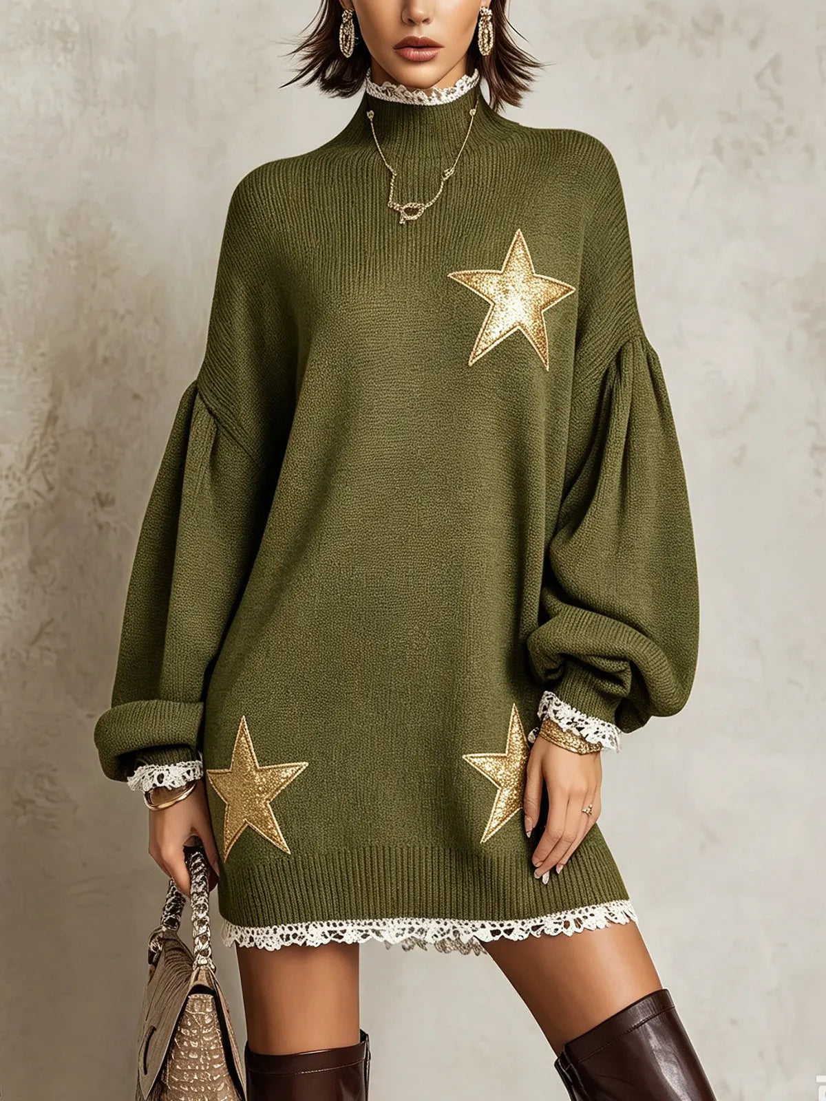 Olive Star Appliqué Lace Trim Knit Mini Dress