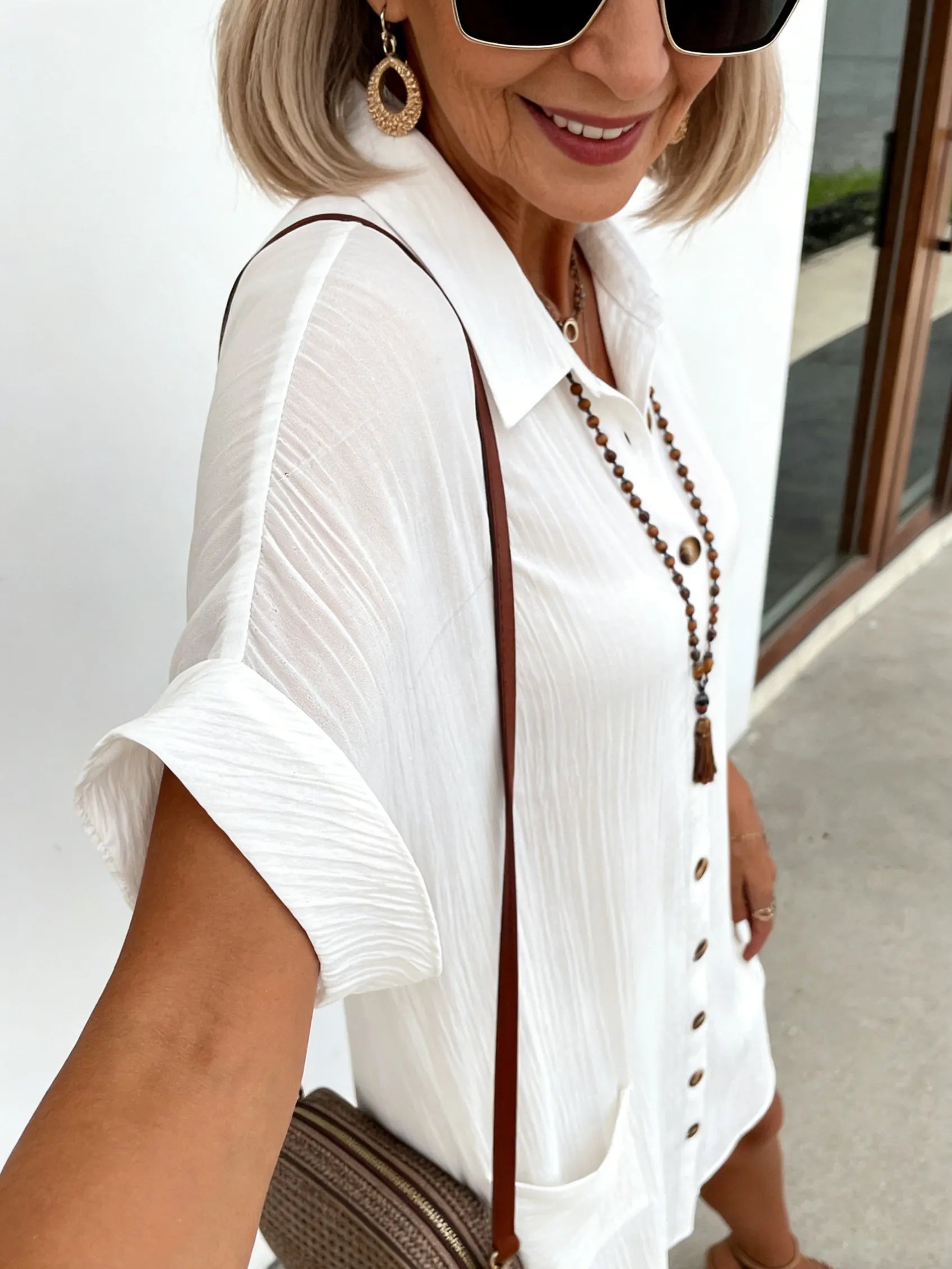 Button Terracotta A-shaped V-neck Long-sleeved Dress